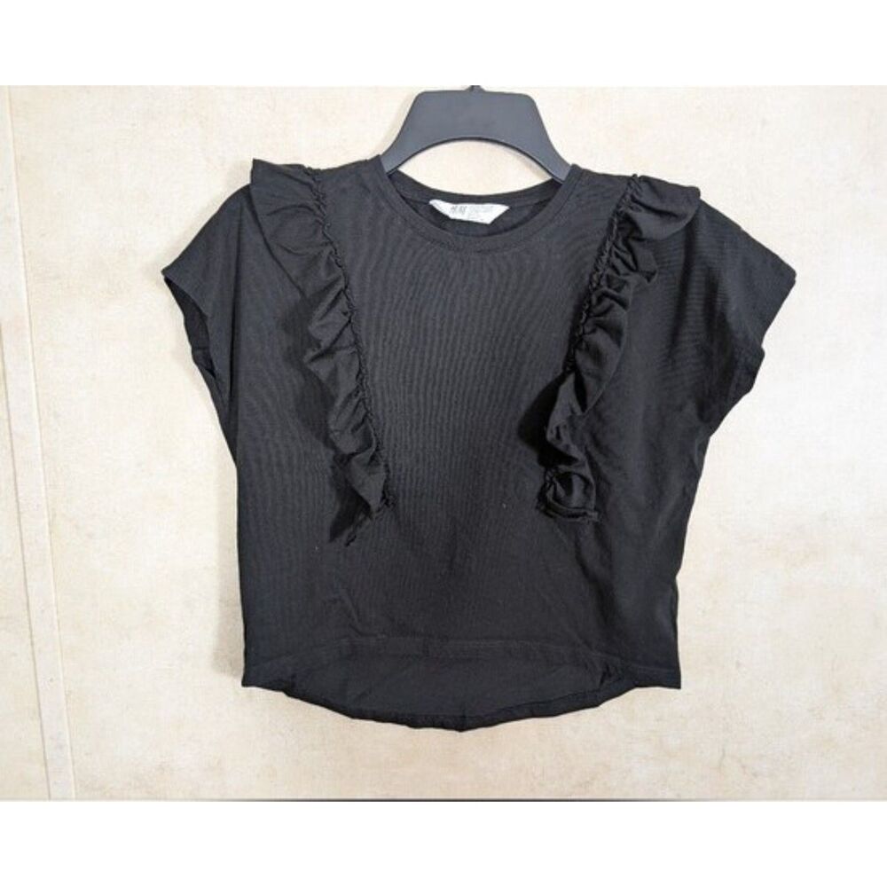 H&M Girls 8/10 Black Ruffle Crew Neck Short Sleeve Cotton Tee Shirt Top - Picture 2 of 8